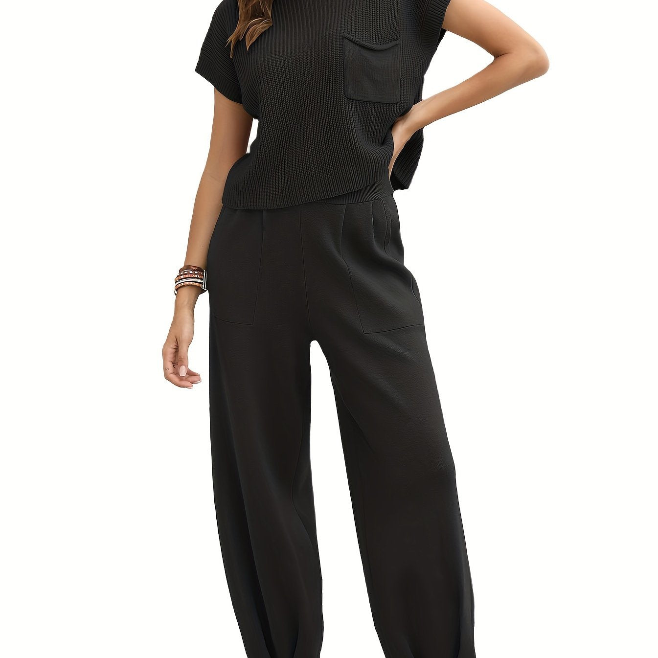 Two-Piece Jogger Pants Set - Soft, Elegant, Short Sleeve Pocket Knit Top & Loose Fit Pants Outfit - Comfortable, Versatile, and Chic Women's Clothing for Everyday Wear