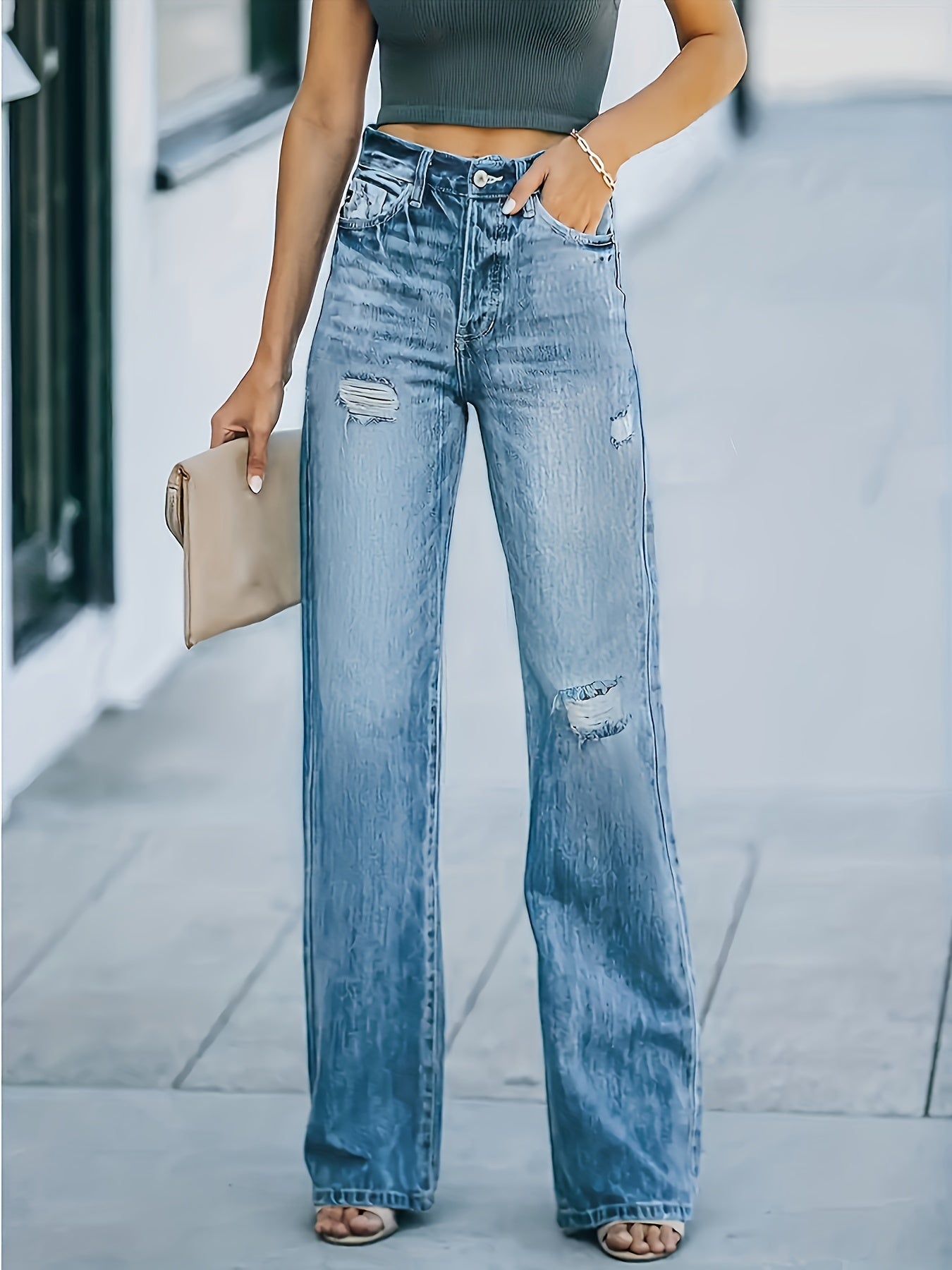 「lovevop」Stretchy Ripped High Waist Straight Jeans, Casual Slash Pockets Button Wide Leg Pants, Women's Denim & Clothing