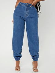 「lovevop」High Rise Cut Out Side Denim Bloomers, High Waist Elastic Hem Denim Joggers, Women's Denim Jeans & Clothing