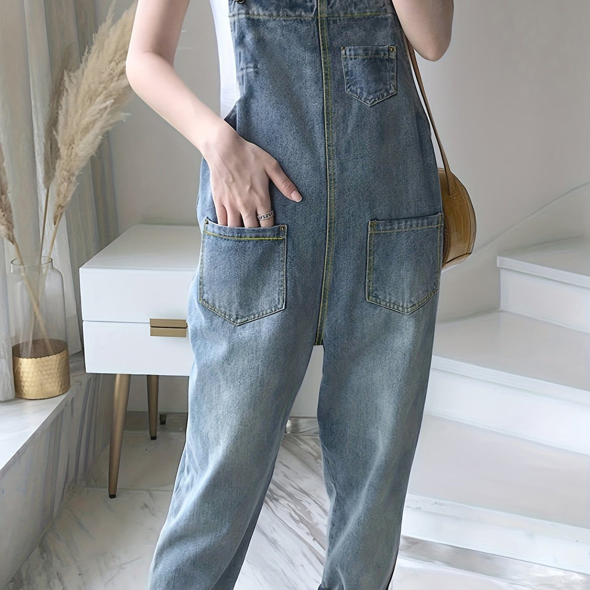 Lovevop-Blue Patch Pockets Denim Overalls, Loose Fit Non-Stretch Casual Denim Jumpsuit, Women's Denim Clothing