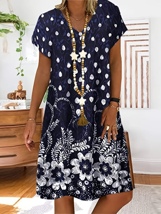 「lovevop」Retro Print Loose Long Dress, Short Sleeve V-neck Waist Summer Dresses, Women's Clothing