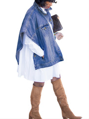 Lovevop-Loose Denim Cloak Jackets, Women's Denim Poncho Cloak Cape, Washed Blue Denim Jackets, Denim Vest