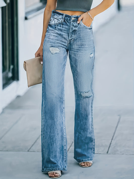 「lovevop」Stretchy Ripped High Waist Straight Jeans, Casual Slash Pockets Button Wide Leg Pants, Women's Denim & Clothing