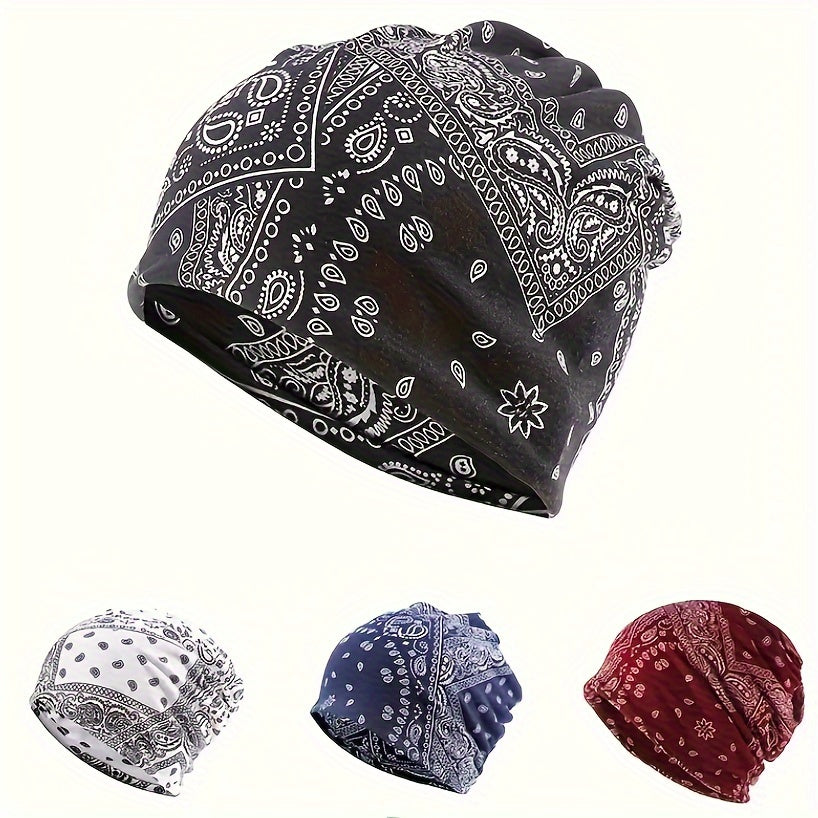 4pcs/set Classic Vintage Paisley Print Unisex Slouchy Beanie - Skullies & Beanies with Elastic Warm Lightweight Design, Perfect for Women & Men - Hip Hop Baggy Hat for Casual Wear