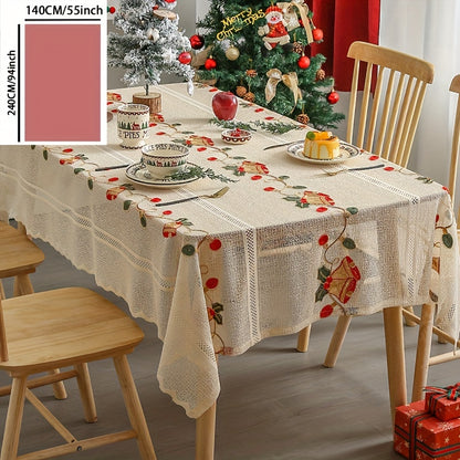 1pc, Polyester Tablecloth, Merry Christmas Table Cover, Red Bell Pattern Table Cover, Hollow Design Christmas Atmospheric Table Decor, Holiday Desktop Decoration Fabric Table Cloth, Home Decoration, Christmas Decor, Gift