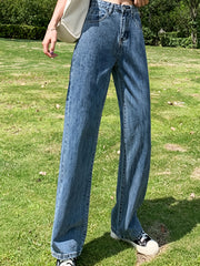 「lovevop」Blue High Waist Straight Jeans, Loose Fit High Rise Slash Pockets Non-Stretch Denim Pants, Women's Denim Jeans & Clothing