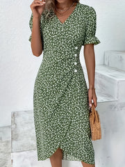 「lovevop」Floral Print V Neck Dress, Elegant Button Front Short Sleeve Dress For Spring & Summer, Women's Clothing