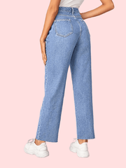 「lovevop」Blue High Waist Straight Jeans, Loose Fit Wide Legs Slash Pockets High Rise Denim Pants, Women's Denim Jeans & Clothing