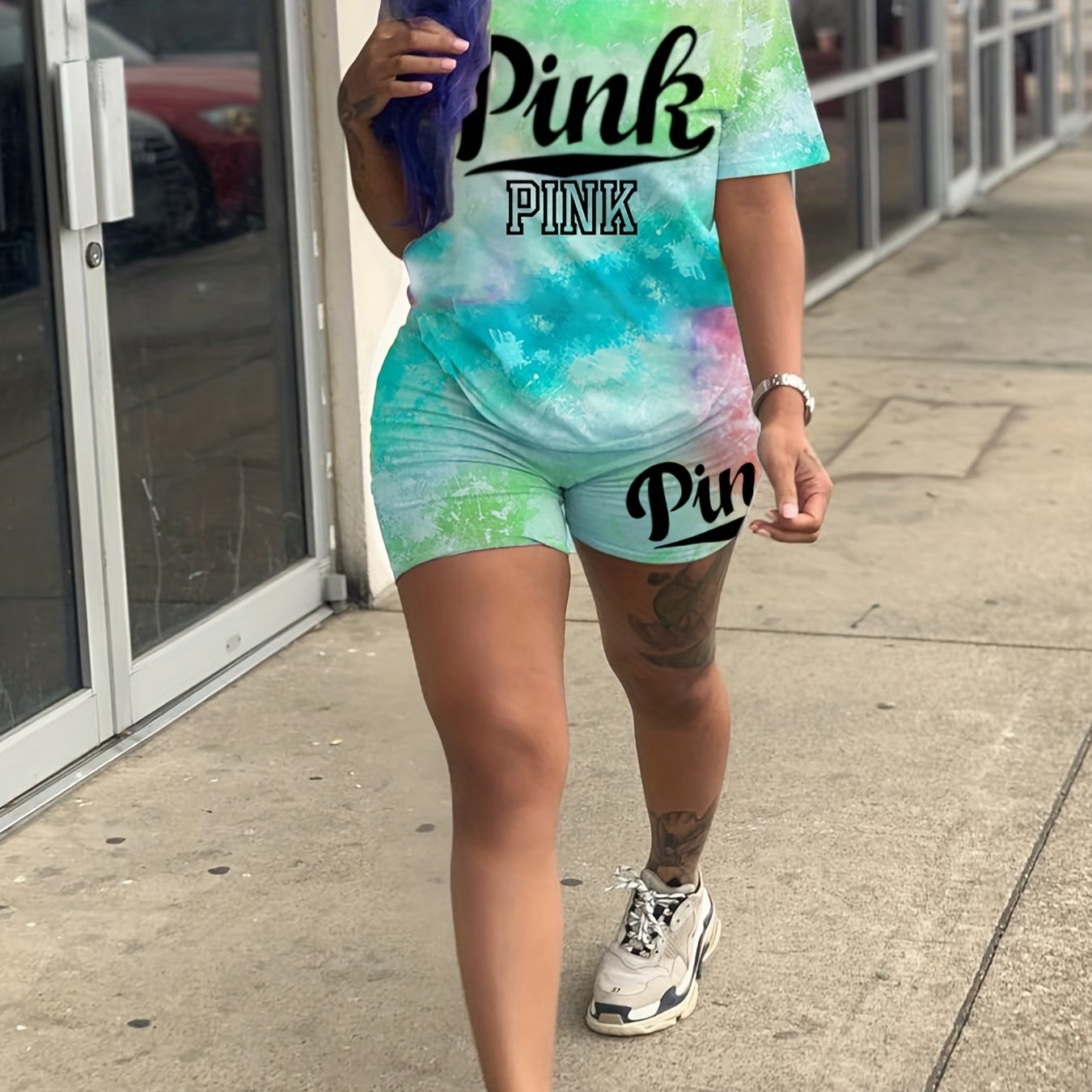 「lovevop」Casual Tie Dye 2pcs Set, Short Sleeve Crew Neck T-shirt & Letter Print Stretchy Shorts, Women's Clothing