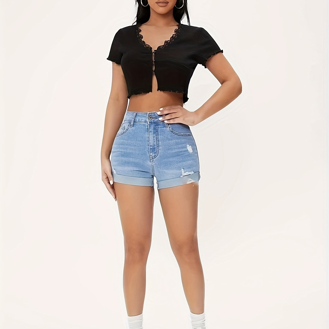 High Waist Stretchable Solid Color Denim Shorts - Ripped Roll Up Hem, Casual Slim Fit, Machine Washable, Summer Fashion Must-Haves with High Elasticity and Comfortable Wear - Womens Summer Essential