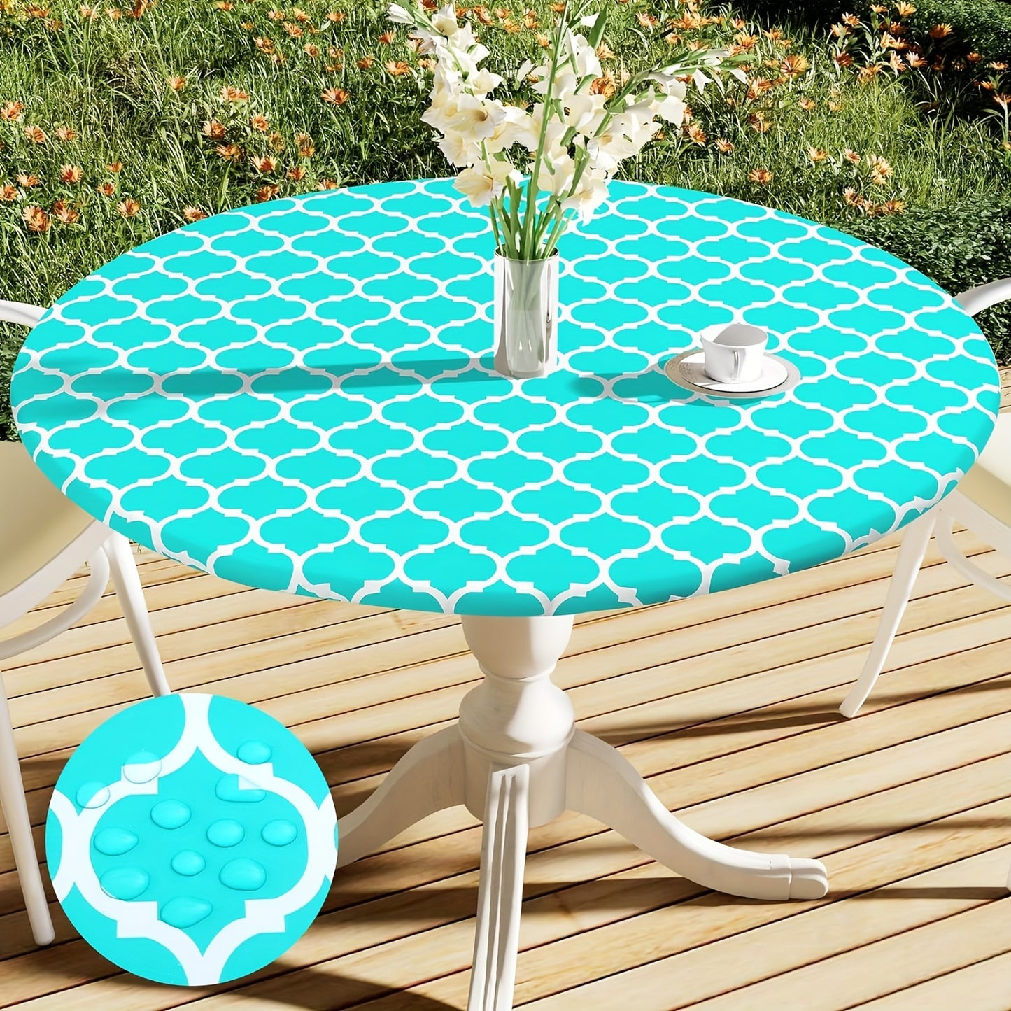 100% Vinyl Round Moroccan Tablecloth with Waterproof Oil-Proof Flannel Backing and Fitted Elasticized Edges for Outdoor, Indoor, Patio, Picnic, Camping Use