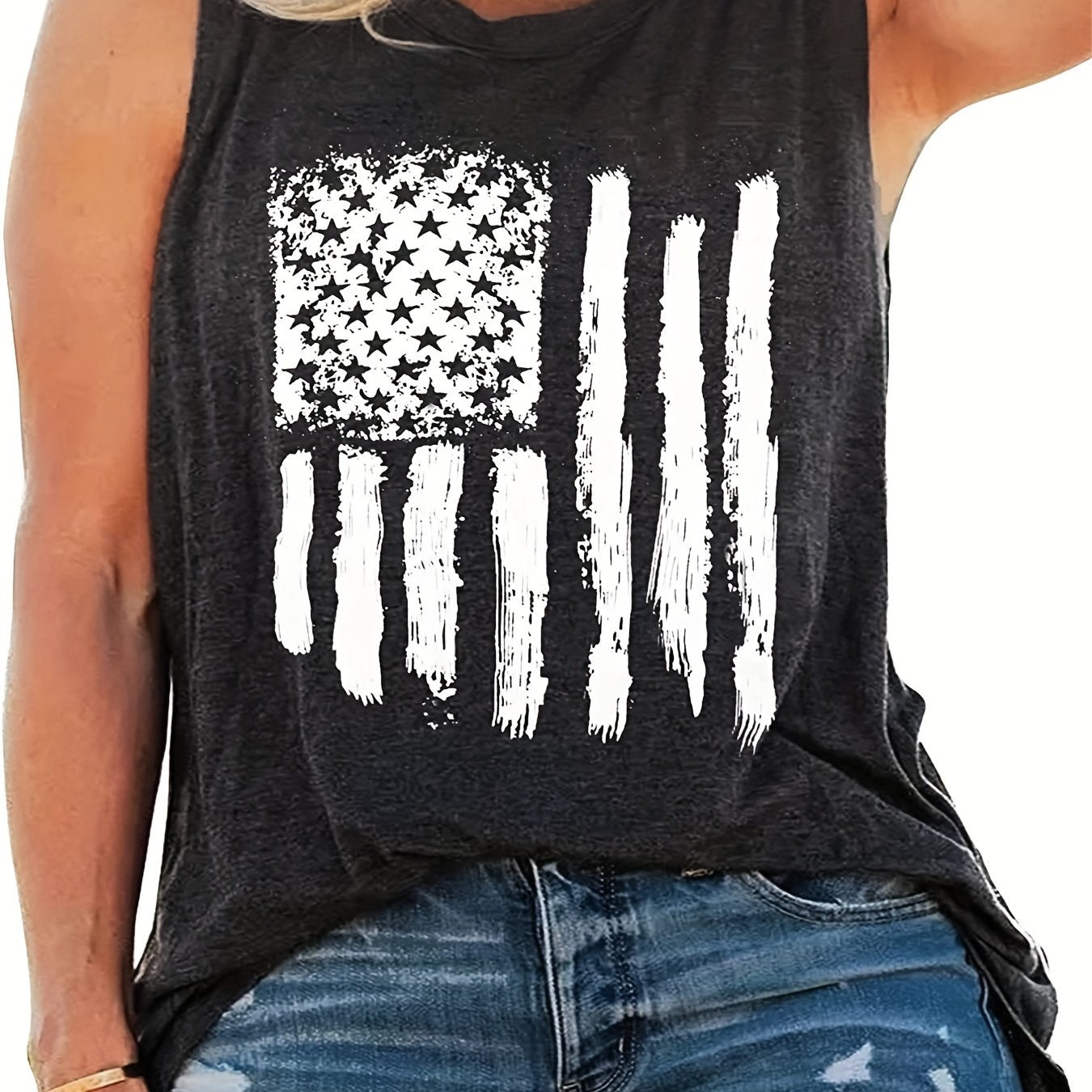 「lovevop」Flag Print Crew Neck Tank Top, Casual Sleeveless Tank Top For Summer, Women's Clothing