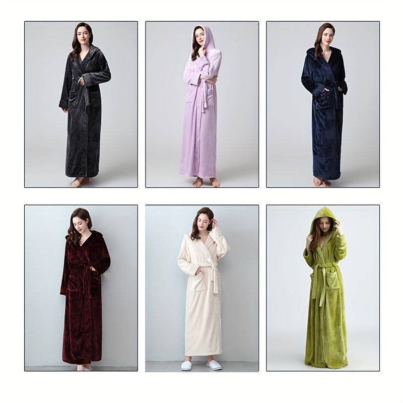 1pc Soft Coral Fleece Unisex Bathrobe - Thickened Long Sleeve Hooded Loungewear for Autumn and Winter - Plush Couple Style Bathroom Supplies for Cozy Relaxation