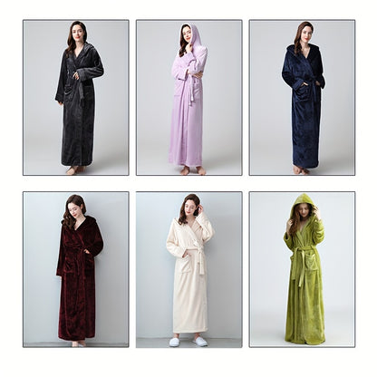 1pc Soft Coral Fleece Unisex Bathrobe - Thickened Long Sleeve Hooded Loungewear for Autumn and Winter - Plush Couple Style Bathroom Supplies for Cozy Relaxation