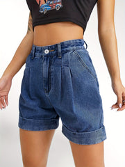 「lovevop」Blue Rolled Hem Short Denim Jeans, A-Lined High Waist Slash Pockets Loose Fit High Rise Short Denim Pants, Women's Denim Jeans & Clothing