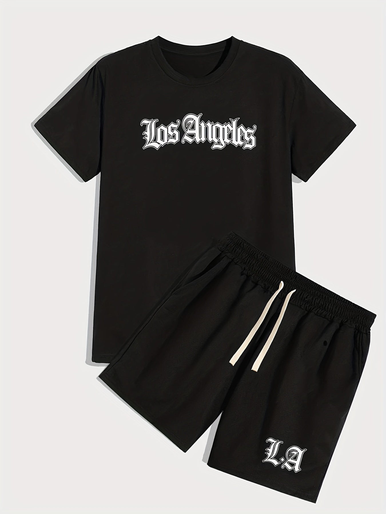 「lovevop」Los Angeles, Men's 2 Pieces Outfits, Round Neck Short Sleeve T-Shirt And Drawstring Shorts Set