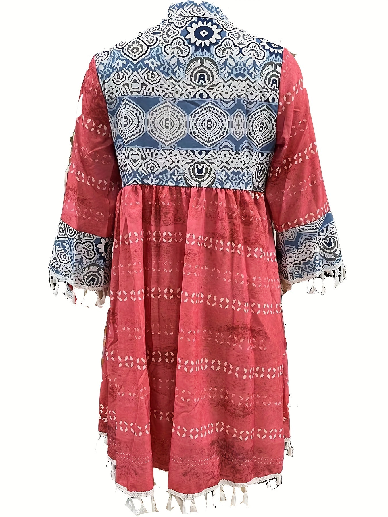 「lovevop」Retro Print Boho Dress, V Neck Tassels Casual Dress For Spring & Summer, Women's Clothing