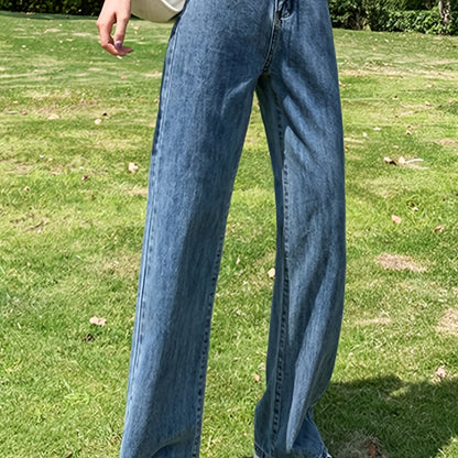 「lovevop」Blue High Waist Straight Jeans, Loose Fit High Rise Slash Pockets Non-Stretch Denim Pants, Women's Denim Jeans & Clothing