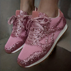 「lovevop」Women's Glitter Sequins Sports Shoes, Fashion Mesh Lace Up Low Top Sneakers, Versatile Walking Shoes
