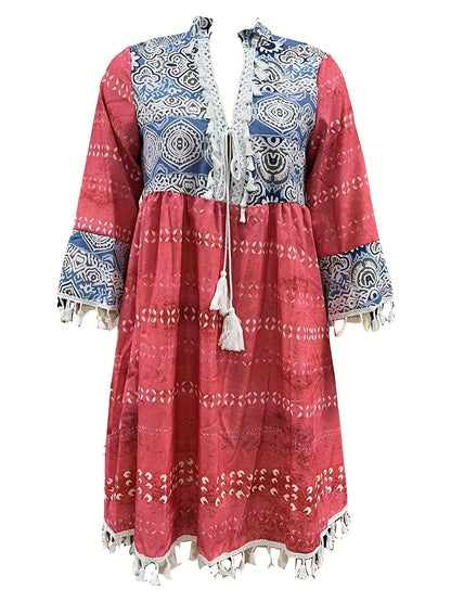 「lovevop」Retro Print Boho Dress, V Neck Tassels Casual Dress For Spring & Summer, Women's Clothing