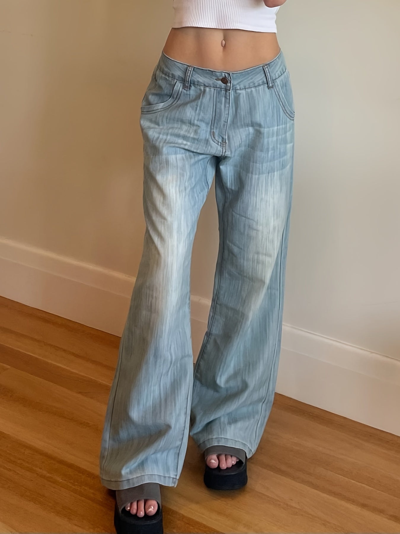 「lovevop」Retro Jeans Women Fashion Famale Clothing Loose Casual Jeans Mid Waist Y2K Streetwear Aesthetics Solid Baggy Straight Trousers, Women's Denim Jeans