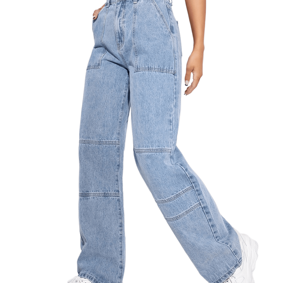「lovevop」Blue Loose Fit Straight Jeans, Slash Pockets Non-Stretch Baggy Denim Pants, Women's Denim Jeans & Clothing
