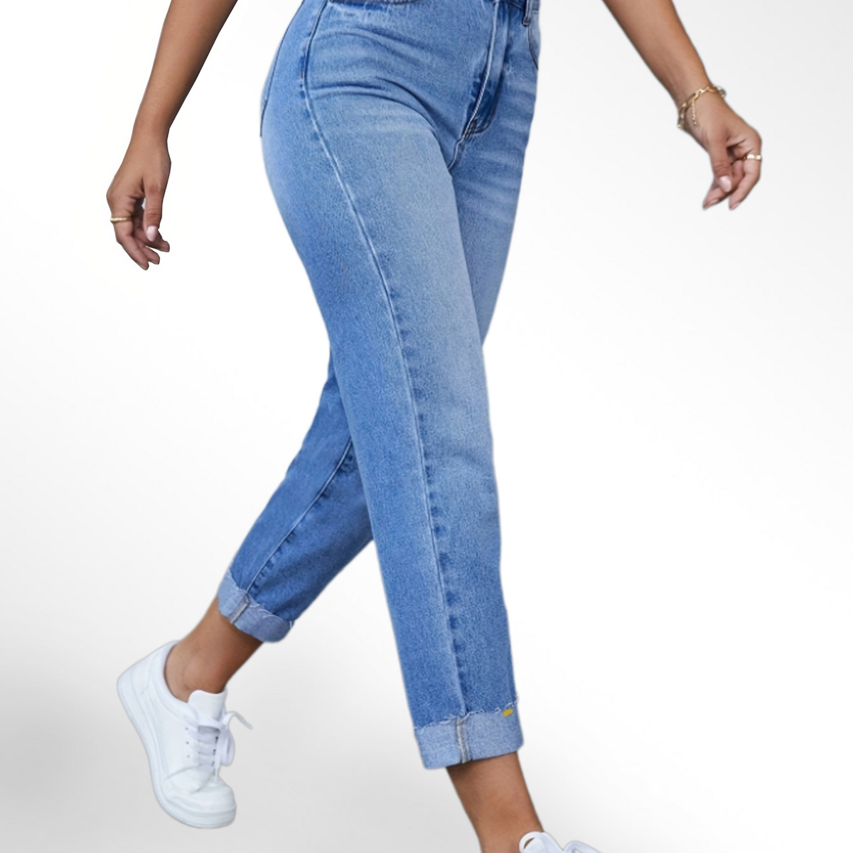 「lovevop」Cuffed Light Wash Blue High Rise Cropped Jeans, Water Ripple Embossed Fayed Trim Denim Pants, Casual & Street Style, Women's Denim Jeans & Clothing