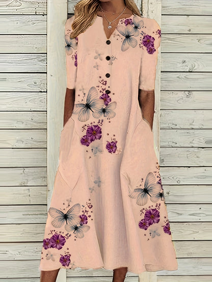 「lovevop」Floral & Butterfly Print V Neck Dress, Casual Button Front Short Sleeve Dress For Spring & Summer, Women's Clothing