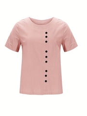「lovevop」Buttons Solid T-shirt, Casual Crew Neck Short Sleeve Summer T-shirt, Women's Clothing