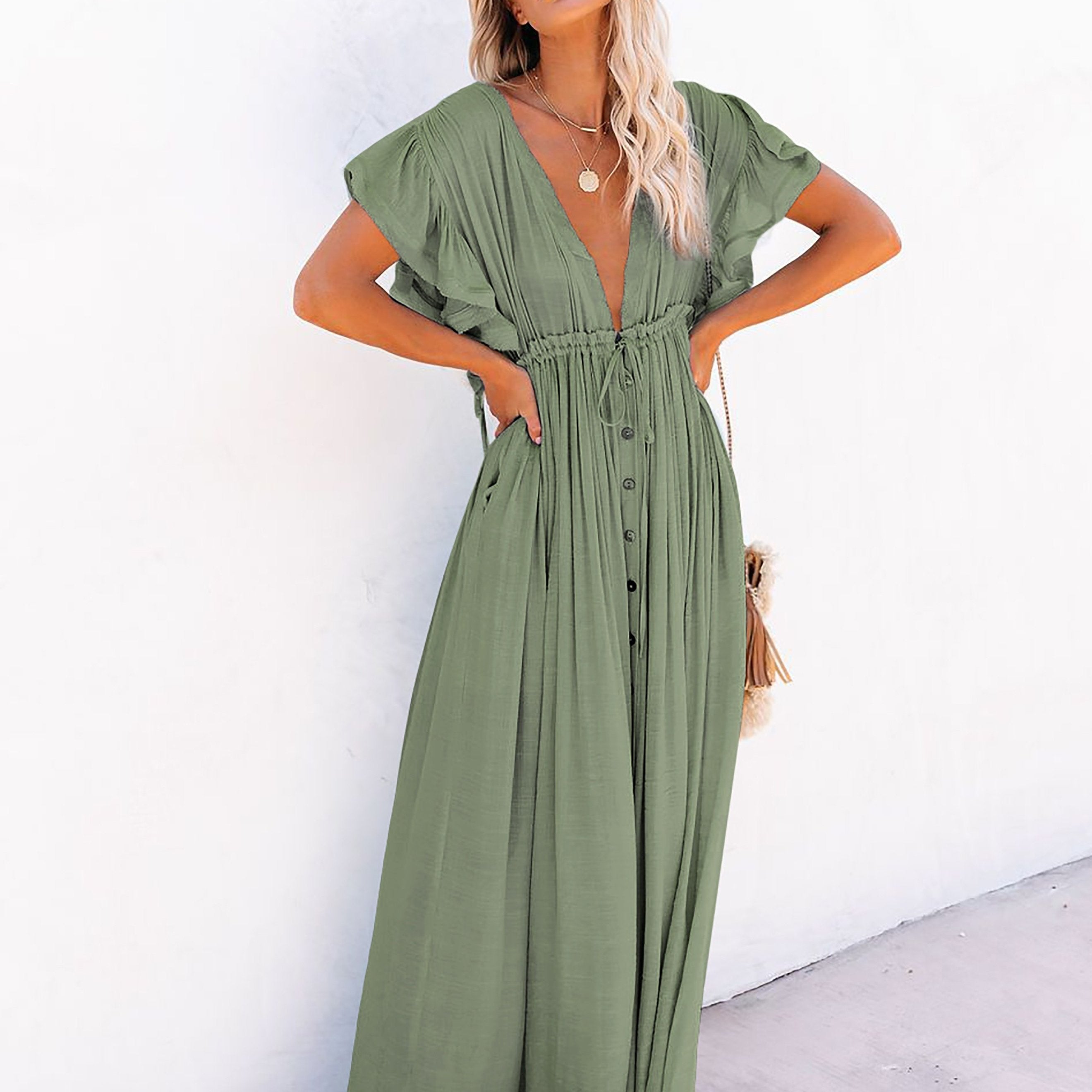 「lovevop」Ruched Plunging Dress, Vacation Beach Solid Drawstring Ruffle Trim Maxi Dress, Women's Clothing