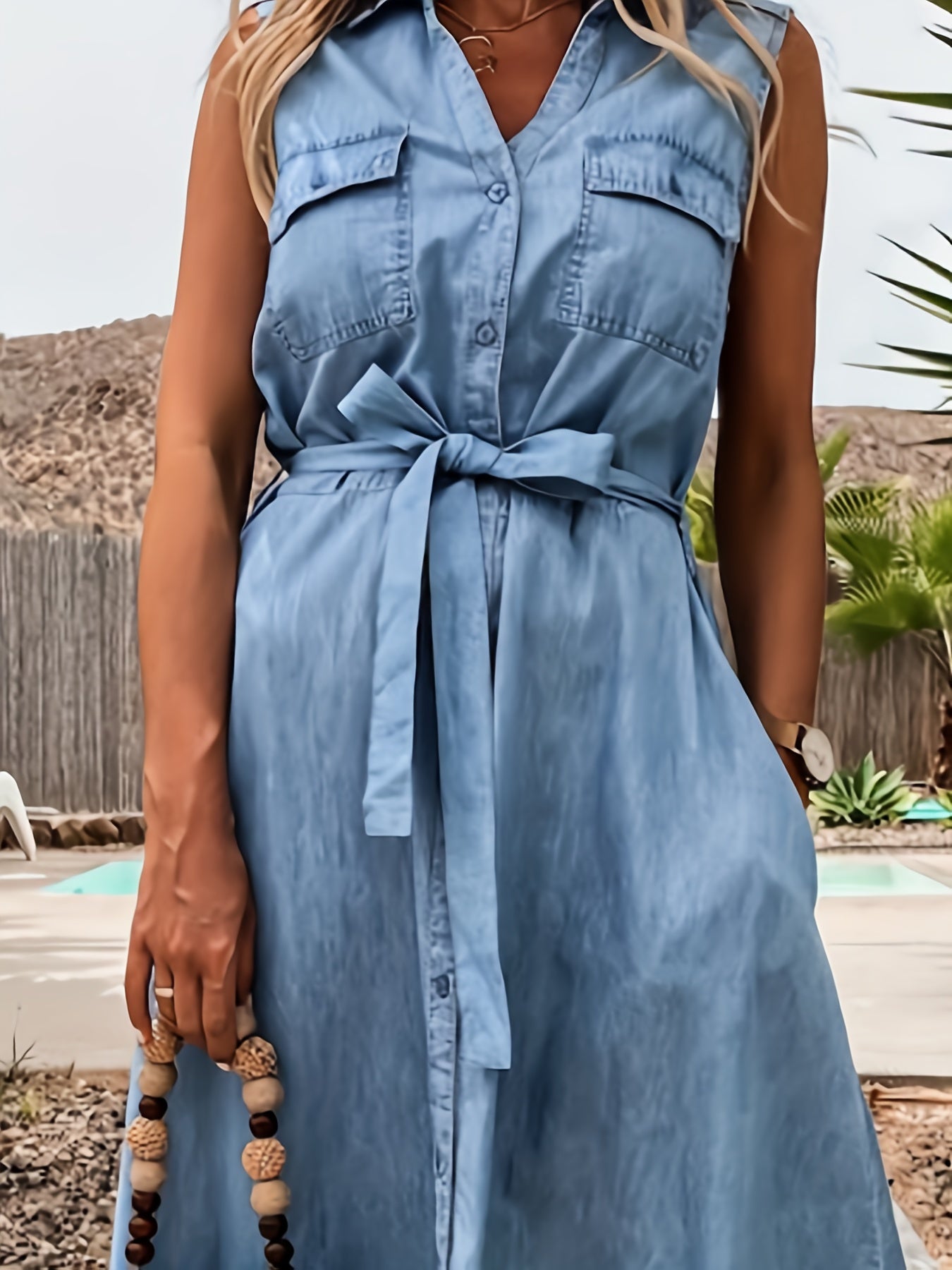 Lovevop-Blue Sleeveless Lapel Denim Dress, Single-Breasted Button Flap Pockets With Waistband Denim Dress, Women's Denim Clothing