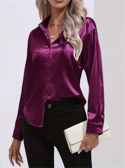 「lovevop」Solid Smoothly Shirt, Elegant Button Front Turn Down Collar Long Sleeve Shirt, Women's Clothing