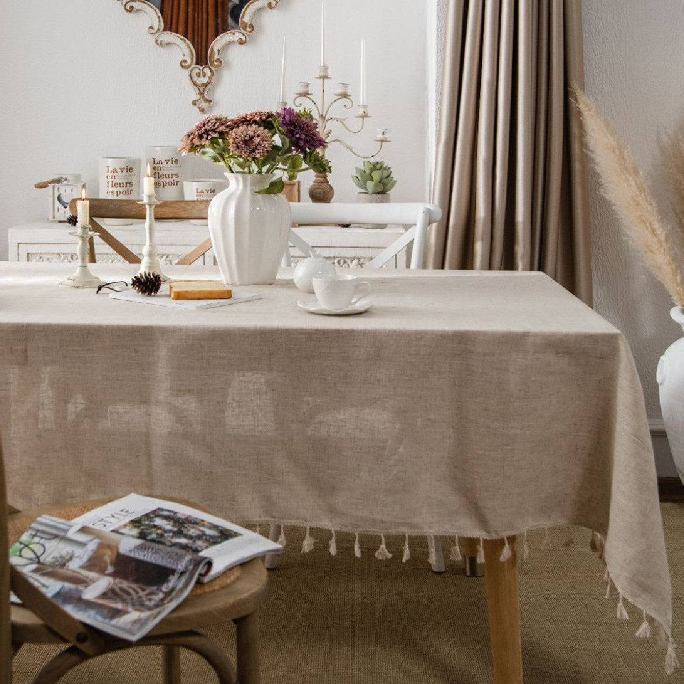 Linen Farmhouse Tablecloth - Beige Fringed Dust-Resistant Cover with Elegant Western Style - Perfect for Buffet, Holiday Dinner, Party, Banquet, Kitchen, Restaurant, and Wedding Rectangular Tables