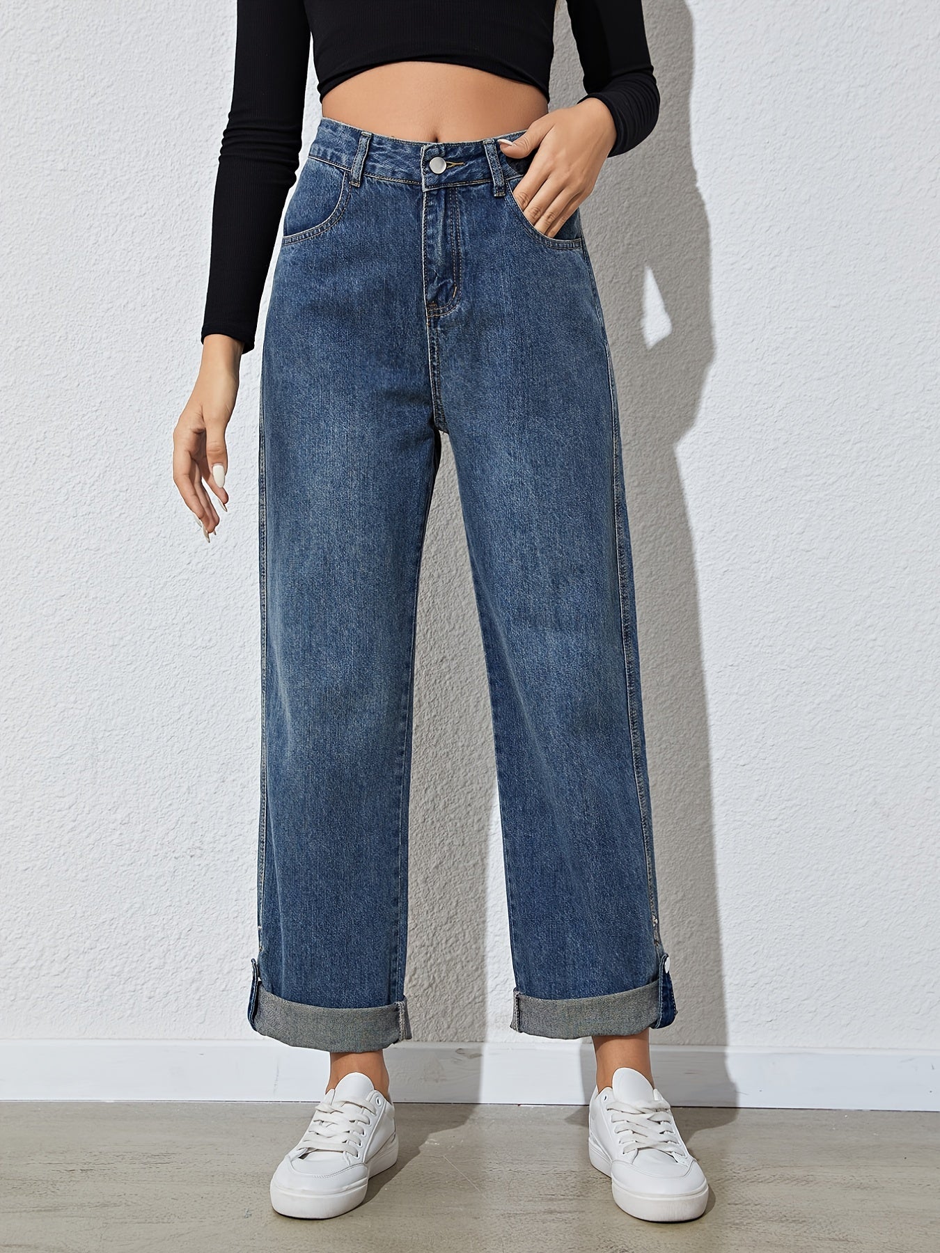 「lovevop」High Waist Plicated Hem Boyfriend Jeans, Casual Loose Draped Straight Leg Pants, Women's Denim & Clothing