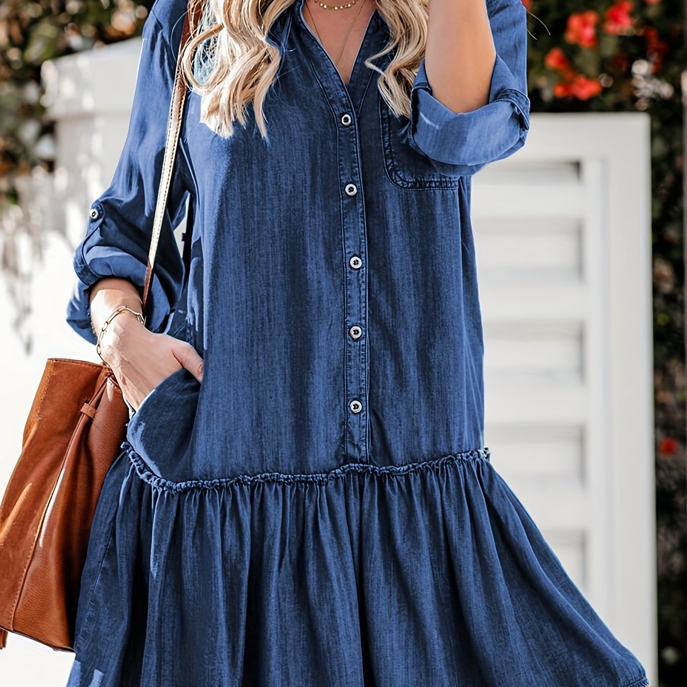 Lovevop-Blue Long Sleeves Denim Dress, Loose Fit Single-Breasted Button Fashion Denim Dress, Women's Denim Clothing