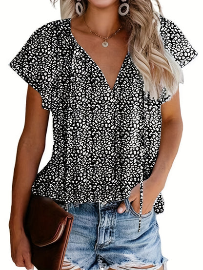 「lovevop」V Neck Flutter Sleeve Blouse, Loose Casual Top For Summer & Spring, Women's Clothing