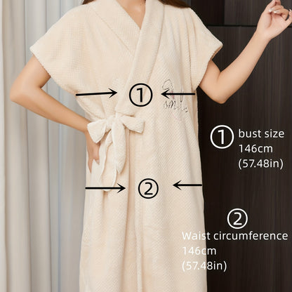 1pc Absorbent Coral Fleece Bathrobe with Rabbite Ear Embroidery - Perfect for Home and Bathroom Use