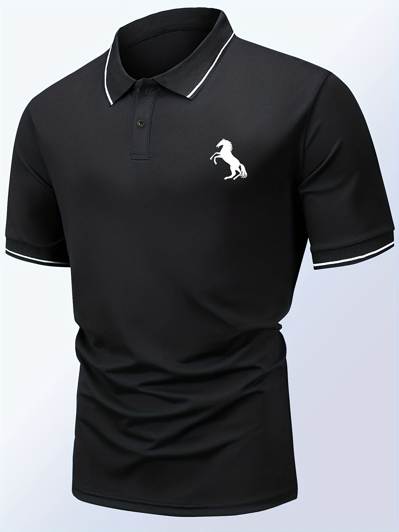 「lovevop」Horse Pattern Casual Slightly Stretch Button Front Short Sleeve Polo Shirt, Men's Clothes For Summer