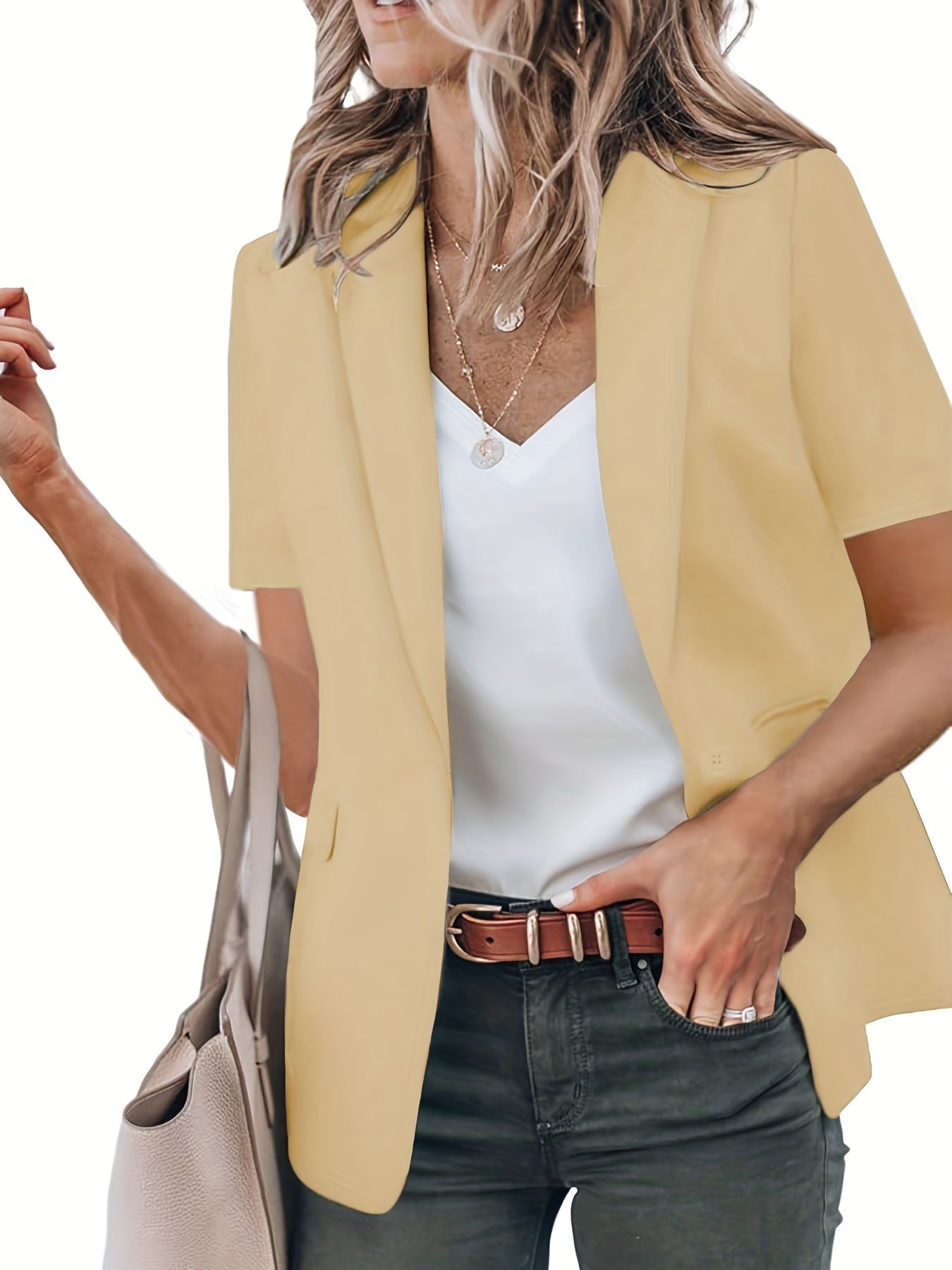「lovevop」Short Sleeve Open Front Blazer, Casual Lapel Blazer For Spring & Summer, Women's Clothing