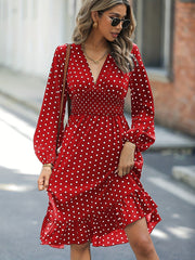 「lovevop」Retro V-neck Ruffle Dress, Polka Dot Print Long Sleeve Waist Loose Summer Dresses, Women's Clothing