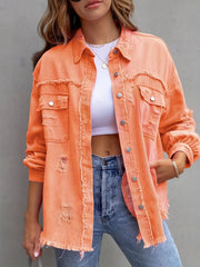 Lovevop-Pink Raw Hem Oversized Denim Jacket, Flap Pocket Long Sleeve Button Denim Coat, Women's Denim & Clothing