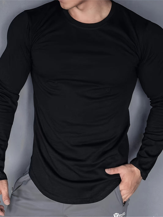 Men's Slim-Fit Long Sleeve Athletic Shirt - Warm, Stretchy Polyester & Spandex Blend for Running, Fitness & Outdoor Activities