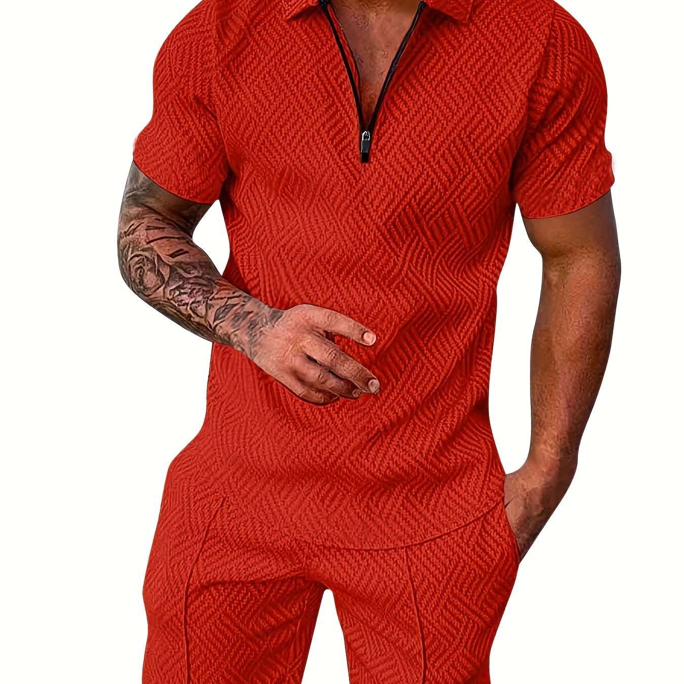 「lovevop」Men's Polyester Thin V-neck Zipper Sweatsuits With V-neck Zipper T-shirt & Shorts Christmas Gifts Best Sellers