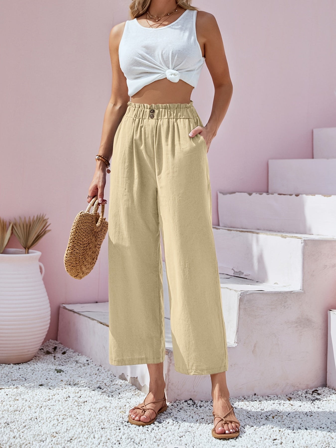 「lovevop」Button Front Wide Leg Pants, Casual Loose Pants For Spring & Summer, Women's Clothing