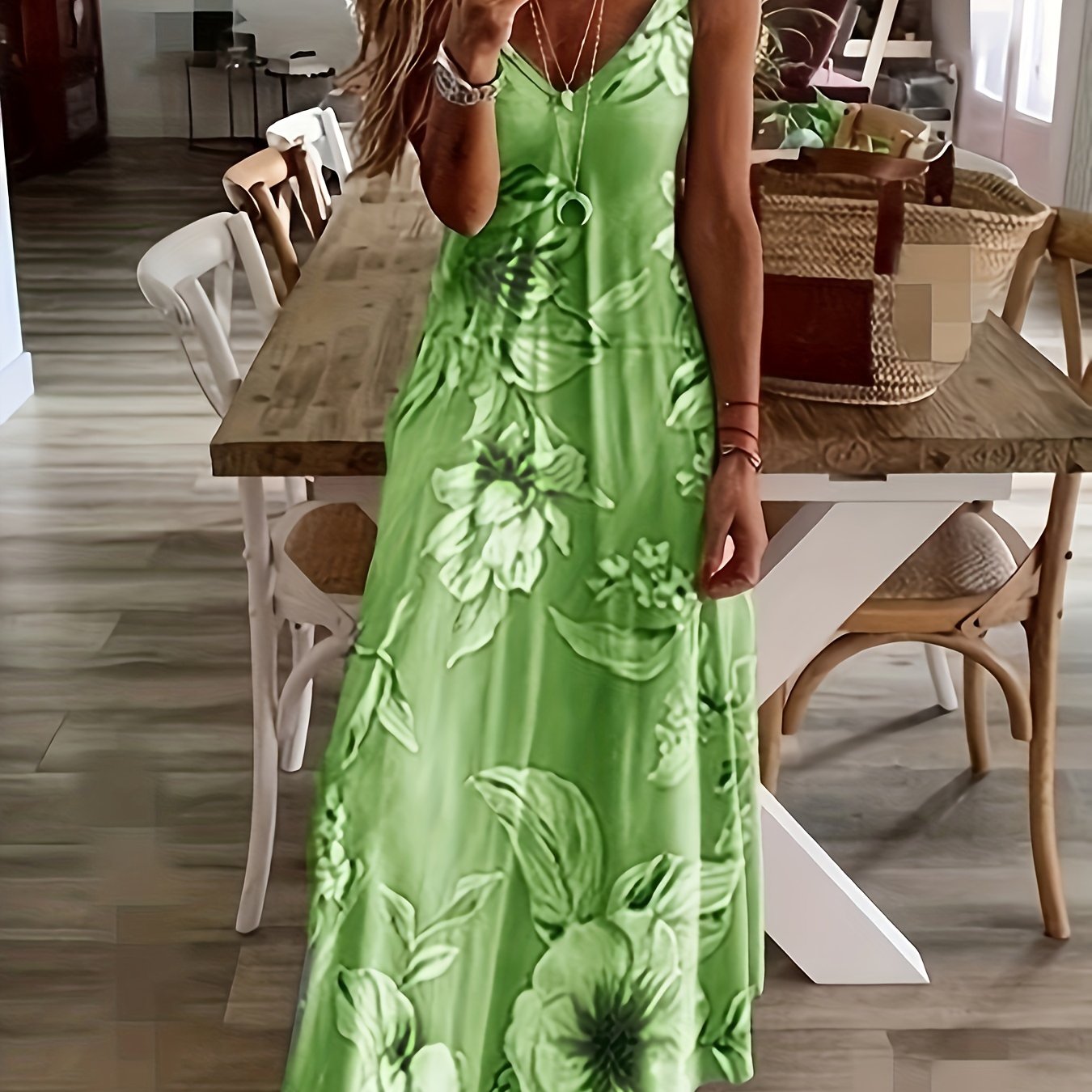 「lovevop」Floral  Spaghetti Strap Long Dress, Loose Sleeveless V-neck Summer Dresses, Women's Clothing