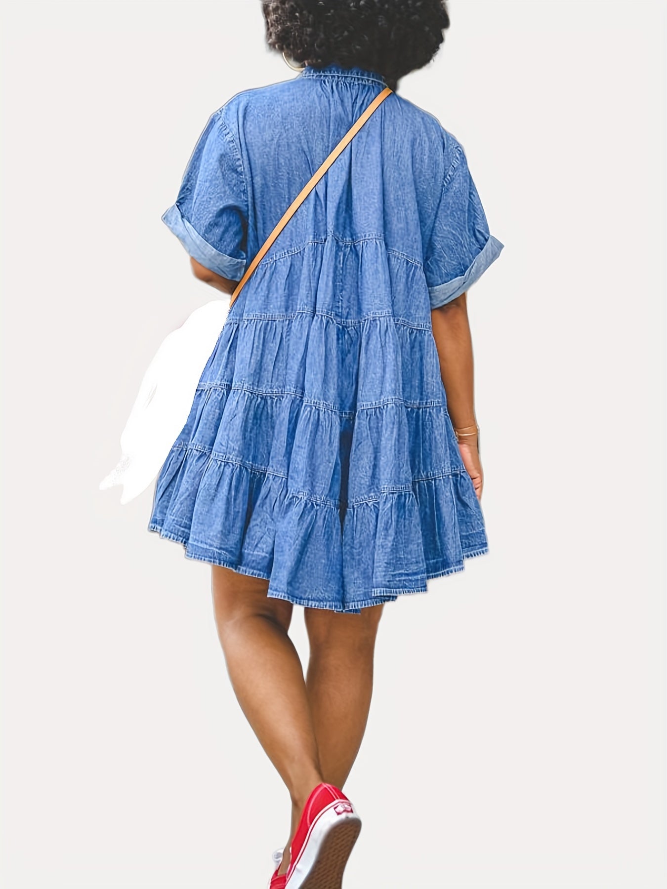 Lovevop-Dark Blue Short Sleeves Denim Dress, Tiered Babydoll Single-Breasted Button Lapel Denim Dress, Women's Denim Clothing