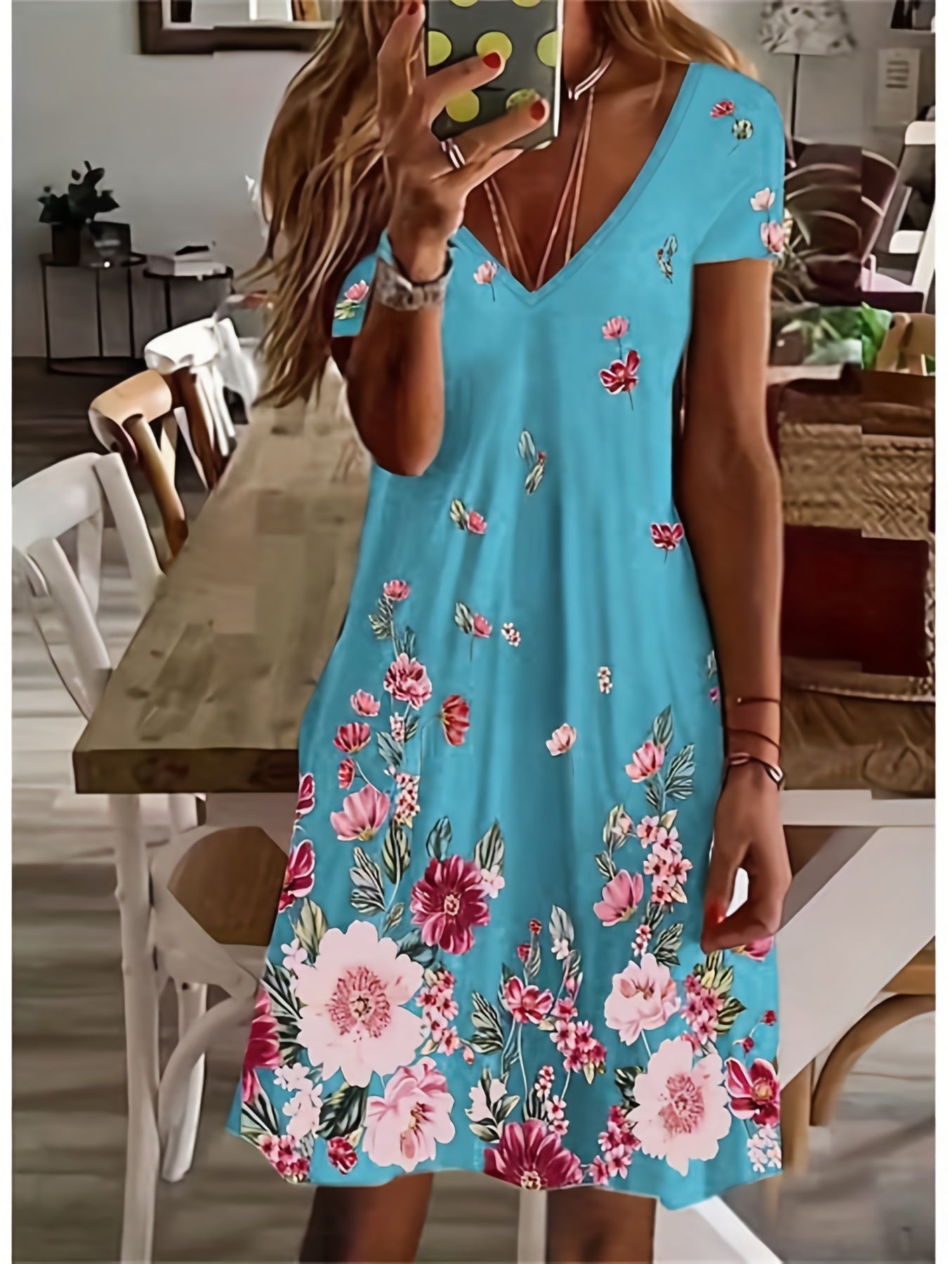 「lovevop」Floral Print Short Sleeve Dress, V Neck Casual Dress For Summer & Spring, Women's Clothing