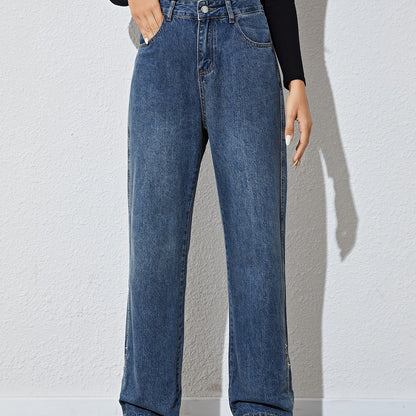 「lovevop」High Waist Plicated Hem Boyfriend Jeans, Casual Loose Draped Straight Leg Pants, Women's Denim & Clothing