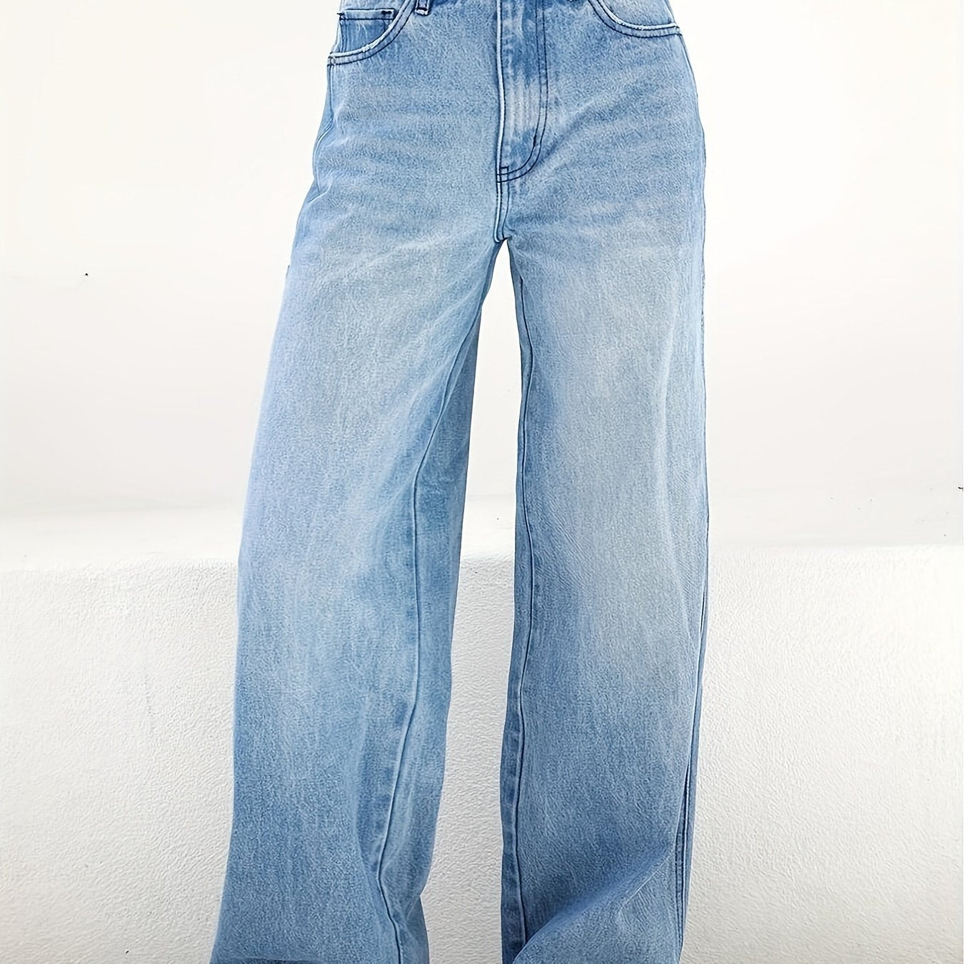 「lovevop」Blue Loose Fit Wide Leg Jeans, High Waist Slash Pockets High Rise Straight Jeans, Women's Denim Jeans & Clothing