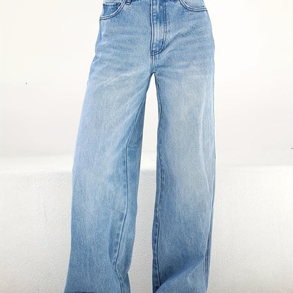 「lovevop」Blue Loose Fit Wide Leg Jeans, High Waist Slash Pockets High Rise Straight Jeans, Women's Denim Jeans & Clothing